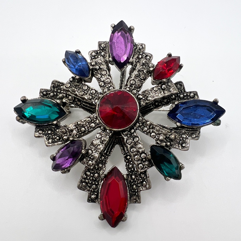 Vintage Multi Color Rhinestone Maltese Cross Brooch Pendant Silver Tone 2.5"